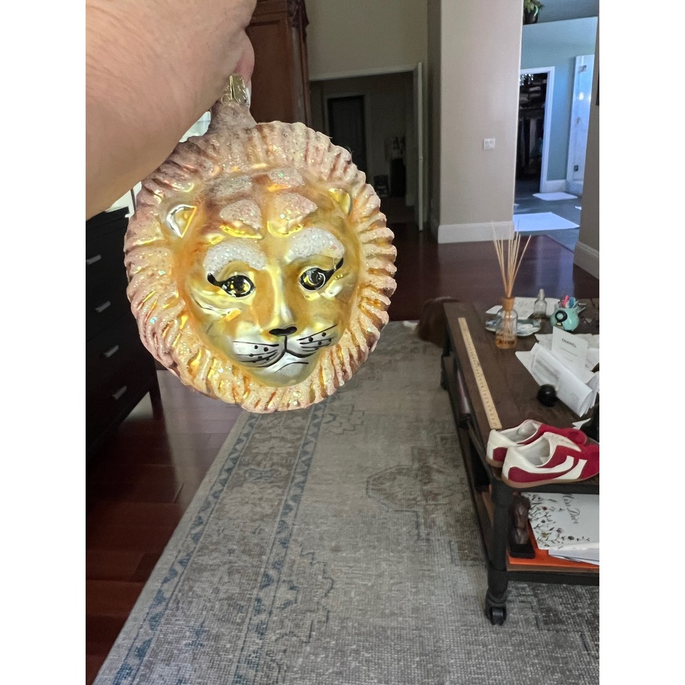 Christopher Radko Lion Glass Christmas Ornament Gold Glitter Mane Animal Head